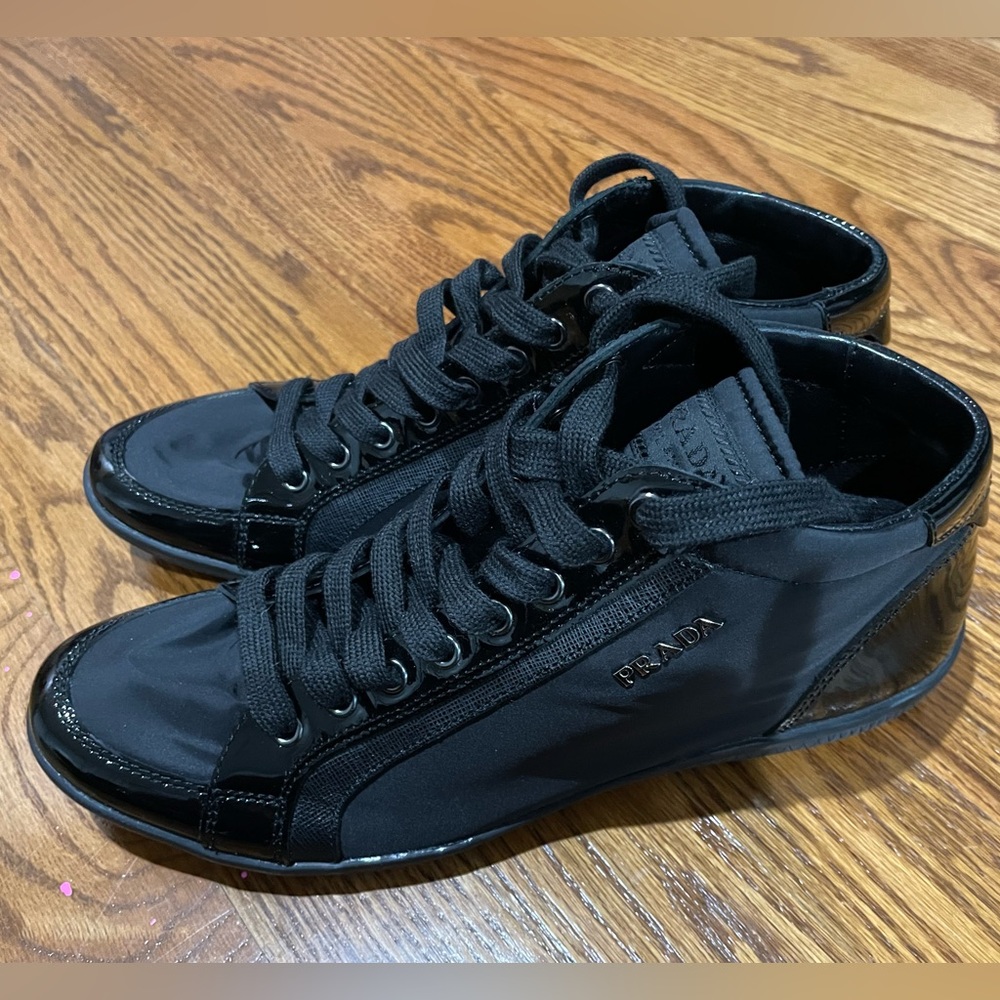 Black Nylon/Patent Prada Mid Too Sneakers